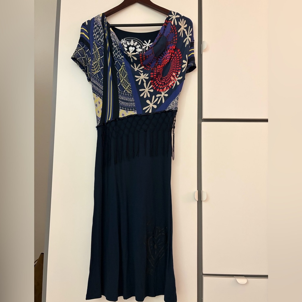 Desigual Navy Mixed-Print Fringe Maxi Dress